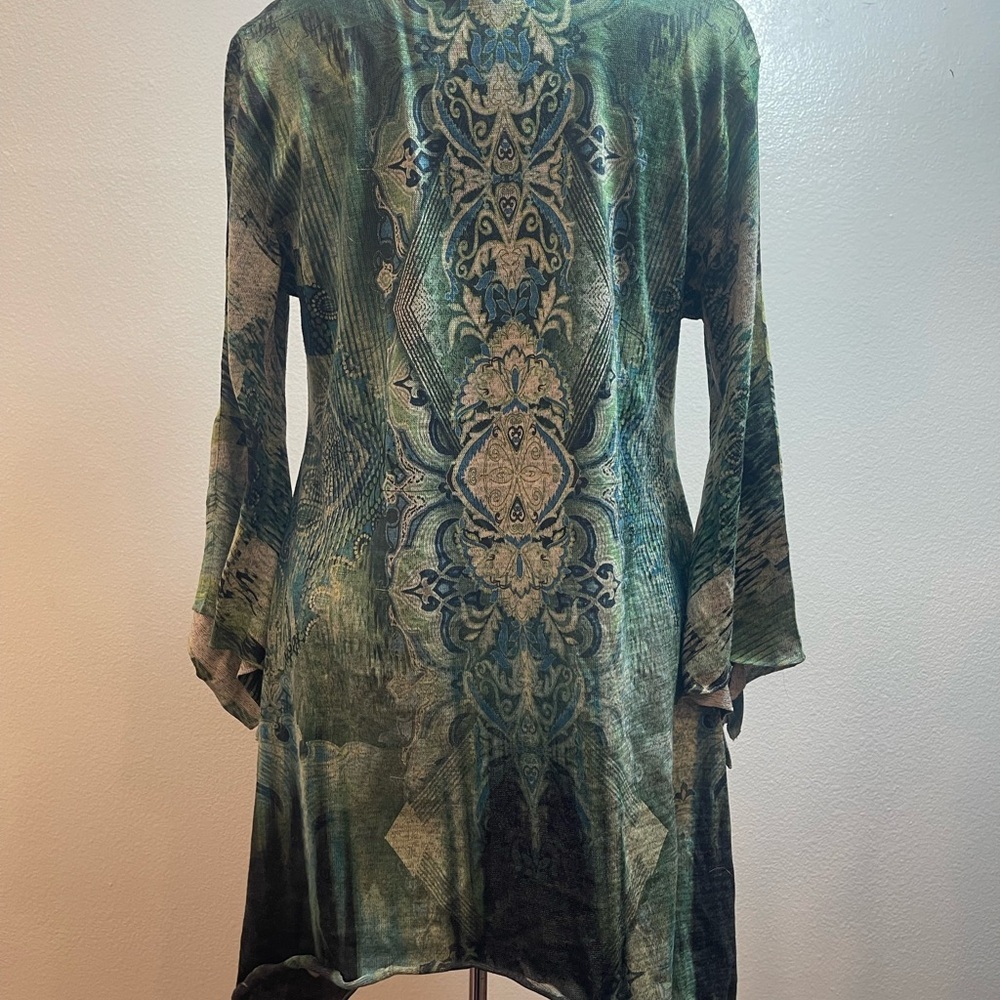 One World Paisley Tunic Top M Green Multi Embellished Asymmetric Hem bohemian - Picture 2 of 6